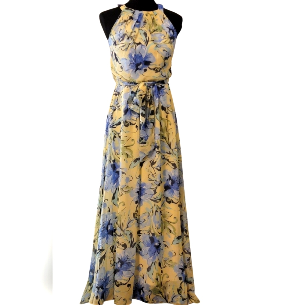 R&K Floral Chiffon Belted Halter Maxi Dress